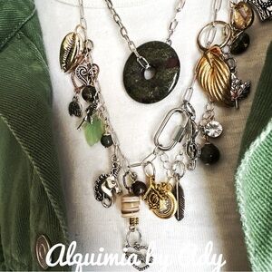 Bohemian chunky layered multi charms necklace blood agate donut